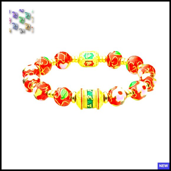 Vintage Cloisonne Enamel Beaded Bracelet Lotus Charm Stretch Elegant Cultural